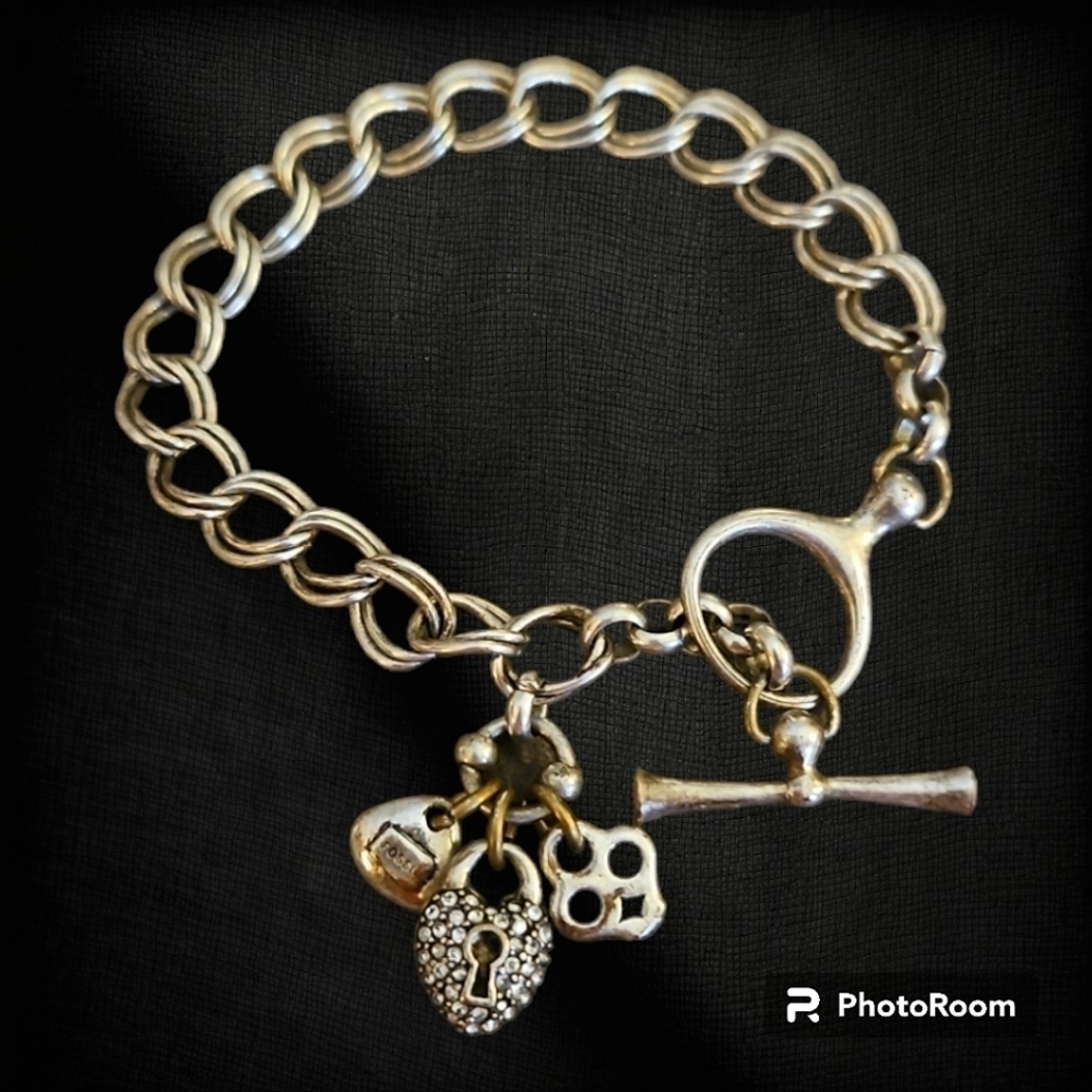 VTG FOSSIL Heart Lock Charm Chain Toggle Tennis Bracelet